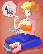 drawing blushing blonde large_breasts barefoot cleavage jeans smiling short_hair sitting dragon_ball open_mouth earrings dropped discarded_shoes no_background tubetop angelgts mrs._briefs