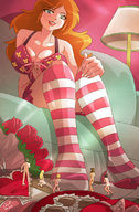 drawing nude large_breasts long_hair cleavage green_eyes underwear red_hair shrunken_people looking_down chocolate knee_high_socks tinies striped_socks angelgts valentines