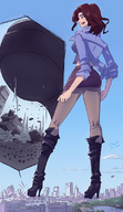 drawing city destruction skirt brunette boots belly nylons medium_length_hair looking_down outdoors jacket knee_high_boots running_away angelgts