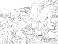 drawing giantess panties furry tail anthro city monochrome long_hair destruction clothed lying_down chaswari outdoors closed_eyes