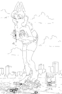 drawing giantess crush furry anthro city monochrome long_hair destruction bunny blood topless shorts chaswari open_mouth vehicles outdoors closed_eyes ankle_bracelet pressed_against_breast