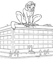 drawing giantess nude furry tail anthro city monochrome buildings short_hair chaswari looking_down outdoors crouching cracked_wall