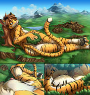 breasts drawing nipples giantess insertion nude pussy furry masturbation tail anthro aroused color large_breasts long_hair butt clit cum blue_eyes brunette tree lying_down looking_down asshole mountains forest thighs outdoors dripping looking_back trees commission panels paw_pads winking tiger_girl notbad621 foot_prints maomi doomdutch chest_tuft