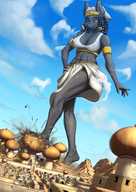 breasts drawing giantess crush feet city mega color long_hair destruction rampage nipping desert egypt muscles walking jackal looking_down outdoors aladdin disney dreadlocks top hands_on_hips low_cut notbad621 shadya bare_midriff