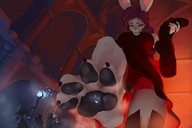 drawing giantess panties furry anthro upskirt large_breasts long_hair bunny barefoot paws red_hair looking_down magic indoors staff wizard imminent_crush impending_doom holding_shoes kerneldecoy