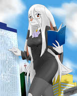 drawing gentle giantess white_hair hips furry anthro city color large_breasts long_hair clothed bunny skirt glasses red_eyes heart walking teacher thighs outdoors writing book hank88 office_lady anon gift_art chalk mercury_(alloyrabbit) alloyrabbit brooch