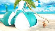 bikini giantess white_hair butt beach barefoot ocean huge_breasts lying_down blue_skin shrunken_woman looking_down looking_up outdoors palm_tree digital_render steven_universe blue_diamond onepunchmant hyper