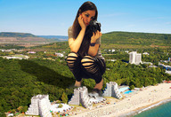 giantess collage city long_hair destruction beach high_heels watch camera looking_down smoke outdoors crouching red_nails nail_polish forests ripped_clothing resort massivegts open_toe head_in_hand gtsvideos1