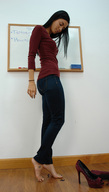 collage black_hair long_hair clothed barefoot jeans looking_down under_foot bracelet discarded_shoes imminent_crush massivegts long_sleeves gtsvideos1