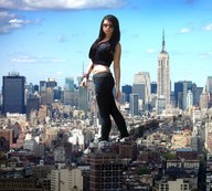 giantess collage city mega black_hair long_hair destruction jeans belly sunglasses smoke outdoors new_york_city belt bracelet empire_state_building massivegts gtsvideos1 bare_midriff