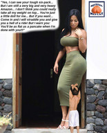collage black_hair long_hair skirt high_heels story mini_giantess sandals belly looking_down dark_skin outdoors bracelet squeezemeflat tubetop
