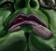 drawing giantess micro knight close_up between_fingers licking_lips pandoza green_skin pinched monocle
