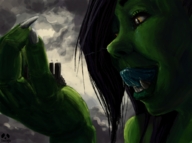 drawing giantess mega black_hair long_hair handheld saliva castle yellow_eyes looking_down orc licking_lips pandoza imminent_vore green_skin