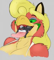 drawing vore furry anthro blonde long_hair tongue cleavage green_eyes huge_breasts scared looking_down open_mouth gryphon imminent_vore on_tongue beak t-bone no_background emma_(t-bone)