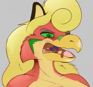 drawing vore furry blonde long_hair cleavage green_eyes looking_down open_mouth gryphon imminent_vore beak t-bone cramped no_background emma_(t-bone)