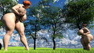 nude pubic_hair huge_breasts brunette red_hair short_hair mini_giantess looking_up outdoors big_butt thick_thighs digital_render cupping_breast