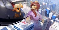 breasts drawing giantess furry anthro city mega color large_breasts long_hair destruction cleavage helicopter brunette smoke looking_back office_lady sofia.exe