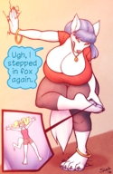 drawing furry anthro blonde long_hair clothed barefoot cleavage blue_hair huge_breasts paws twintails shrunken_woman sheela necklace bracelet dialogue stuck_to_foot