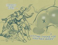 drawing giantess monochrome armor destruction butt_crush castle knight sitting kononiko catherine_the_titan