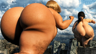 giantess city blonde black_hair long_hair butt destruction huge_breasts bbw medium_length_hair running jets giantesses outdoors digital_render