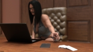 nude cleavage skirt glasses sitting reaching shrunken_man indoors desk nail_polish laptop digital_render vest low_cut silver_nails amgipi