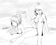 breasts drawing giantess vore mega monochrome long_hair swimsuit barefoot cleavage smiling ponytail lying_down unknown_artist sitting eating giantesses city_vore source_needed