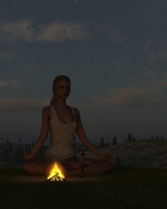 giantess blonde long_hair clothed barefoot brunette ponytail sitting shorts night outdoors closed_eyes top meditating campfire digital_render