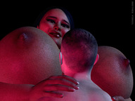 huge_breasts smiling mini_giantess bbw looking_down hugging dark_skin no_background digital_render between_breasts