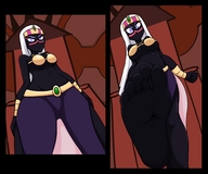 drawing white_hair alien comic color clothed toes barefoot soles low_angle queen looking_down point_of_view necklace bikini_top belt headband bracelet jj-psychotic skimpy_clothing queen_tyrahnee duck_dodgers black_skin cartoon_network