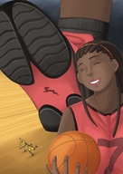 drawing comic black_hair long_hair smiling basketball unaware sneakers dark_skin shoe_crush closed_eyes running_away imminent_crush foot_raised impending_doom ayami6 minor_league