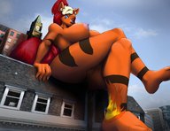 drawing giantess pokemon furry anthro dog color blue_eyes buildings smiling red_hair sitting looking_down stripes perspective arcanine simonaquarius aura
