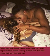 collage black_hair long_hair cleavage bed brunette couple pillow lying_down short_hair kissing shrunken_people bracelet