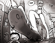 bikini drawing city monochrome destruction blimp short_hair outdoors flip_flops running_away imminent_crush impending_doom ant_bully tiffany_nickle bonesplinters