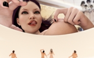 long_hair purple_hair topless piercings shrunken_people looking_down bowl nail_polish licking_lips imminent_vore black_nails digital_render eyebrow_piercing jamesmason0 pinching_nipples nose_piercings