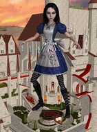 giantess black_hair long_hair clothed green_eyes blood castle dress boots looking_down outdoors striped_stockings alice_in_wonderland necklace madness_returns digital_render alice_liddell