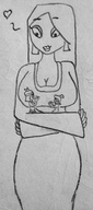 drawing monochrome large_breasts cleavage smiling dress heart looking_down hugging earrings no_background