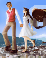 drawing giantess crush feet long_hair destruction giant brunette couple sandals foot_crush dark_skin stuck_to_shoe debris