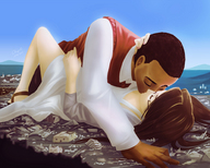 giantess city mega long_hair destruction giant brunette couple dress lying_down sandals kissing dark_skin outdoors sweater long_sleeves angelgts