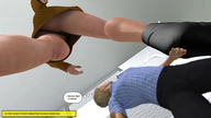 panties upskirt blonde clothed high_heels low_angle story short_hair shrunken_man pants looking_up indoors dialogue digital_render