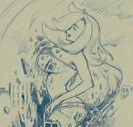 bikini breasts drawing growth giantess city monochrome large_breasts long_hair destruction buildings outgrowing_building shorts open_mouth outdoors closed_eyes kononiko