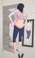 drawing panties color large_breasts butt barefoot bra brunette amazon dressing shopping shirt mirror capris
