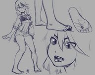 drawing monochrome tongue barefoot underwear smiling medium_length_hair looking_down open_mouth inside_mouth pinned under_foot stuck_to_foot imminent_vore no_background kill_la_kill ryuko_matoi kononiko