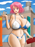 bikini drawing giantess blushing city handheld red_eyes huge_breasts pink_hair short_hair walking open_mouth outdoors box
