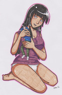 drawing panties blushing black_hair large_breasts long_hair barefoot purple_eyes smiling mini_giantess sitting bottomless looking_down no_background