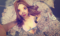 giantess city mega long_hair clothed cleavage brunette sandals looking_up outdoors aerial_view point_of_view necklace mike973 digital_render low_cut held_above_head brsacelet