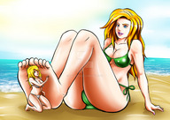 bikini drawing feet blonde long_hair blue_eyes beach toes barefoot soles mini_giantess sitting foot_play shrunken_woman looking_down outdoors tarotski