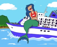 drawing giantess long_hair clothed ocean blue_hair mermaid island sitting cruise_ship laughing