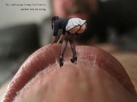collage upskirt butt giant male penis high_heels brunette stockings bending_over shrunken_woman dialogue manuel massaging
