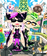 drawing gentle city color smiling fangs looking_down tower open_mouth sneakers outdoors closed_eyes stores pointed_ears callie splatoon peace_sign tentacle_hair advertisements marie_(splatoon)
