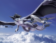 drawing horns wings black_hair color giant male penis short_hair airplane flying clouds ankle_bracelet fins